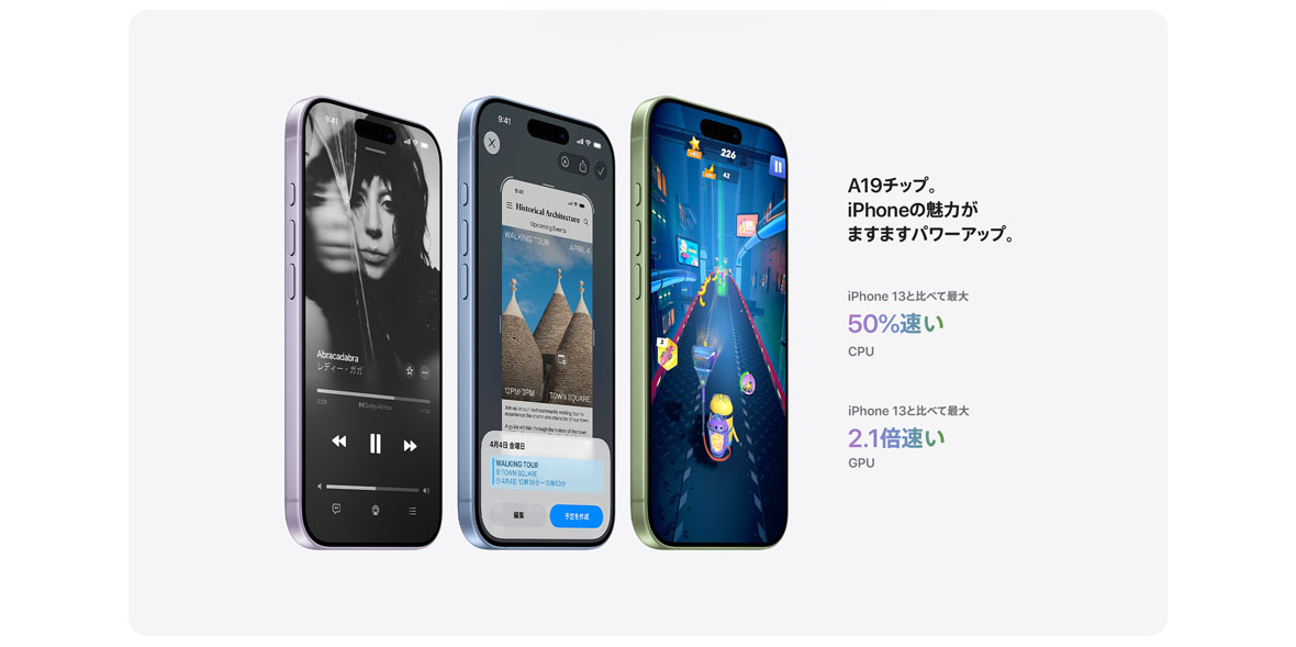 A19チップ。iPhoneの魅力がますますパワーアップ。 iPhone13と比べて 最大50%速いCPU 最大2.1倍速いGPU