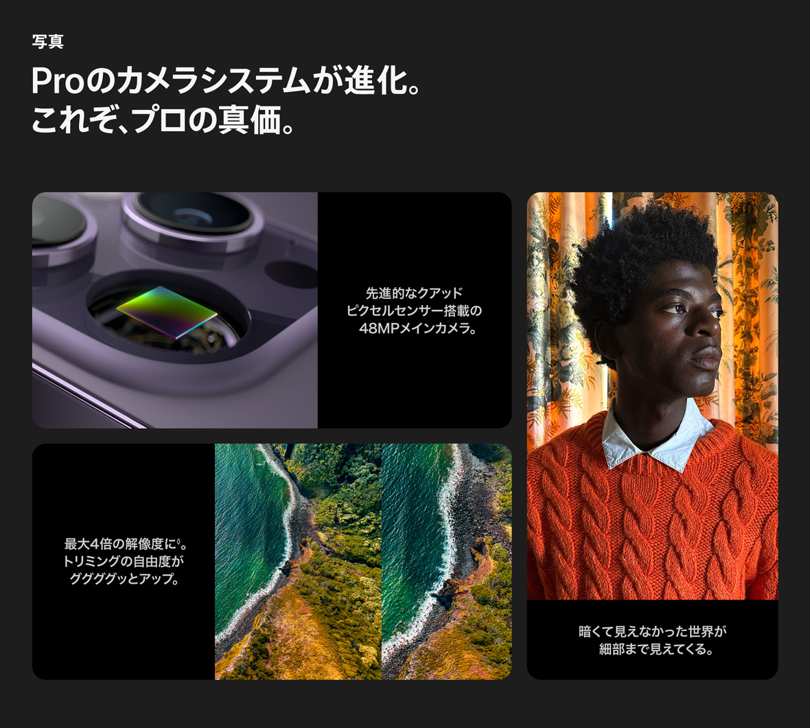 写真 Proのカメラシステムが進化。これぞ、プロの真価。先進的なクアッドピクセルセンサー搭載の48MPメインカメラ。暗くて見えなかった世界が細部まで見えてくる。最大4倍の解像度に◊。トリミングの自由度がググググッとアップ。