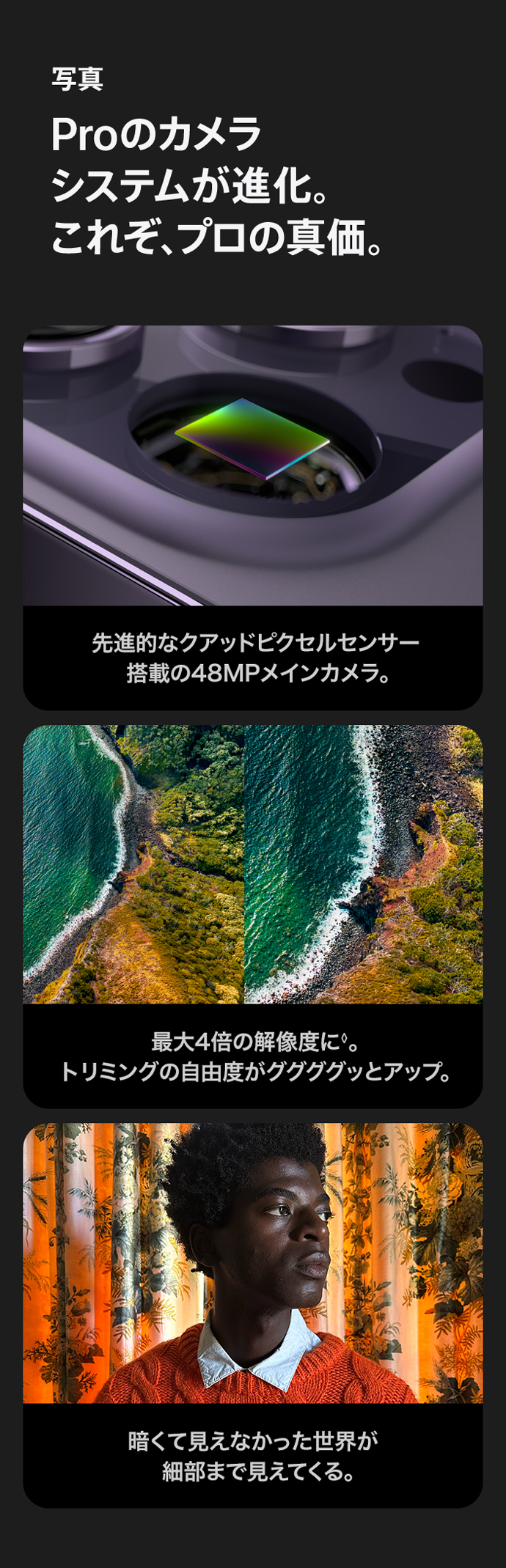 写真 Proのカメラシステムが進化。これぞ、プロの真価。先進的なクアッドピクセルセンサー搭載の48MPメインカメラ。暗くて見えなかった世界が細部まで見えてくる。最大4倍の解像度に◊。トリミングの自由度がググググッとアップ。