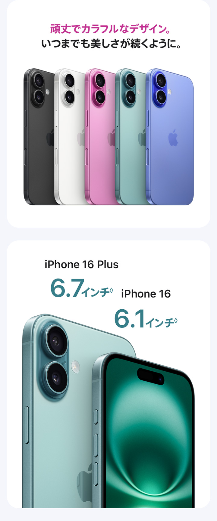 頑丈でカラフルなデザイン。いつまでも美しさが続くように。iPhone 16 Plus 6.7インチ iPhone 16 6.1インチ◊