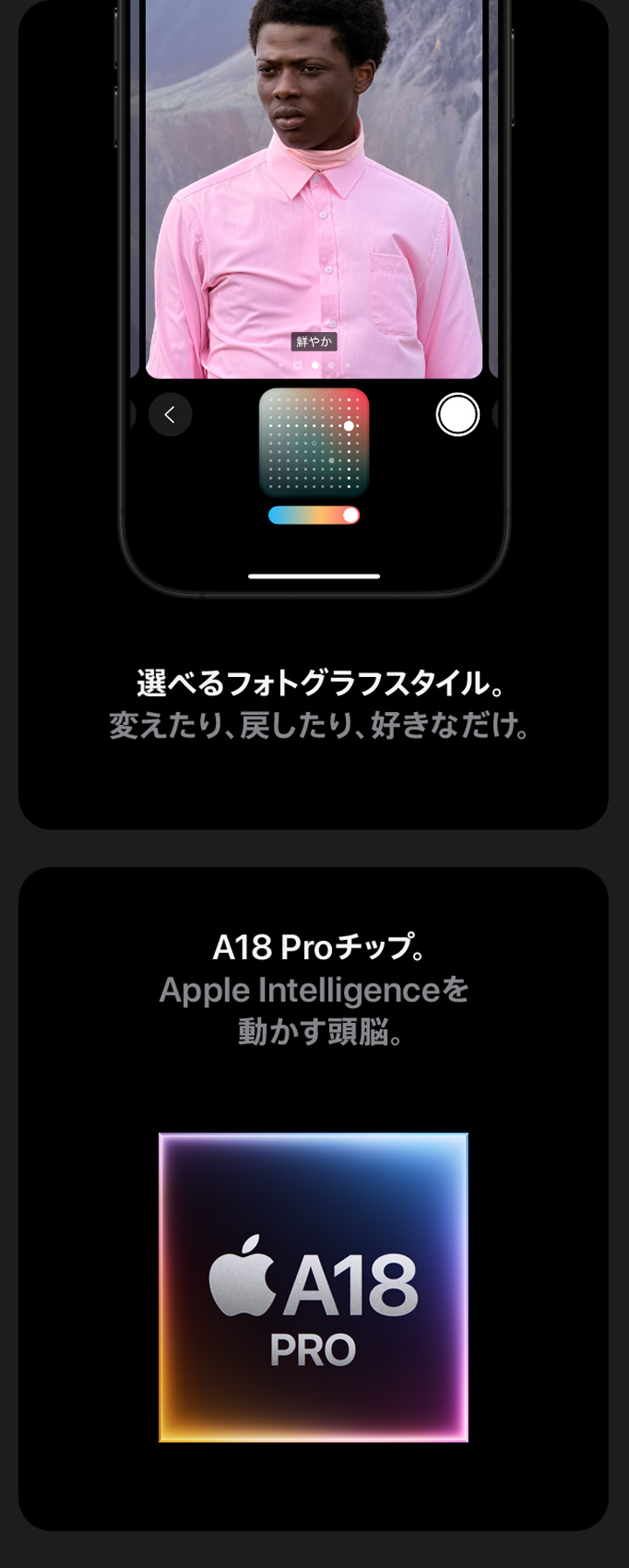 選べるフォトグラフスタイル。変えたり、戻したり、好きなだけ。 A18 Proチップ。Apple Intelligenceを動かす頭脳。